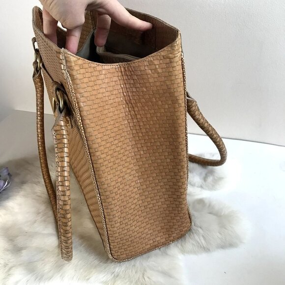 Brahmin Vintage Authentic Satchel Bag in Tan Woven Stamped Print Large - Picture 5 of 11